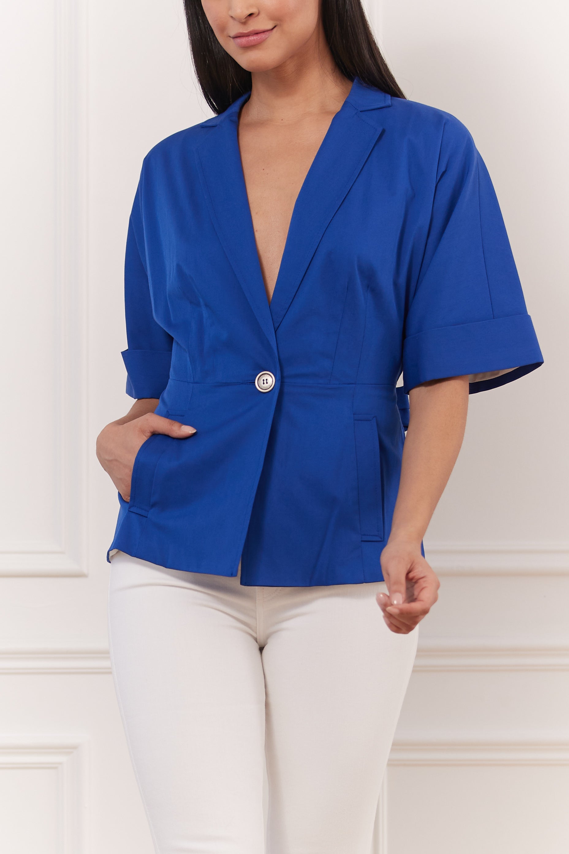 Fine Cotton Belted Short Sleeves Jacket