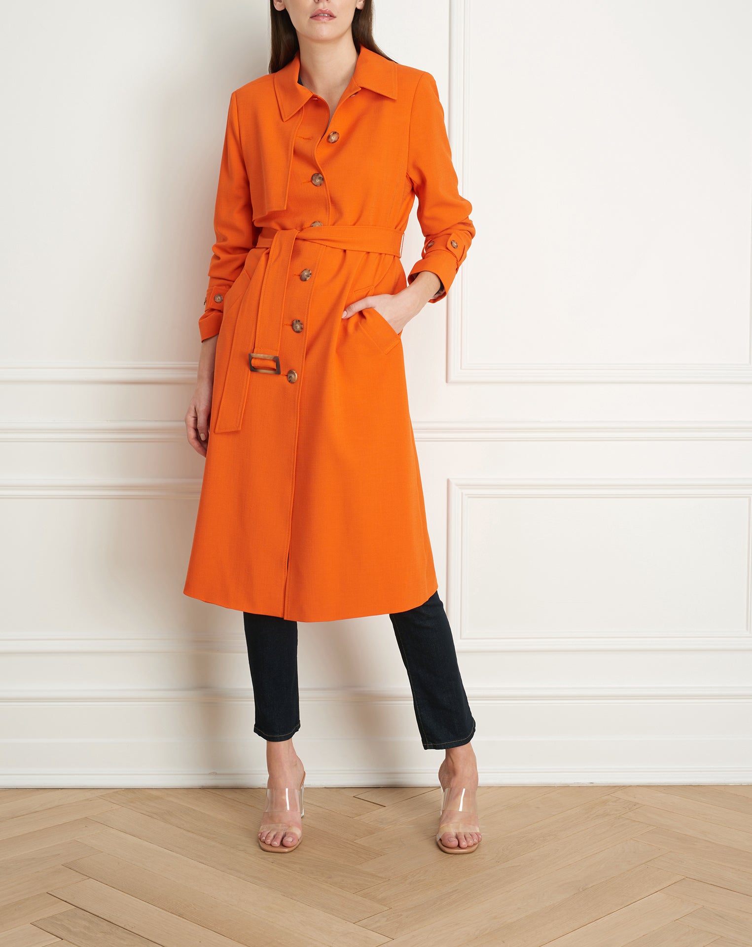 Spring coat with shoulder flap