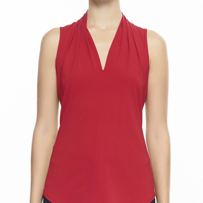 Sleeveless High Collar Pleated V Neck Top