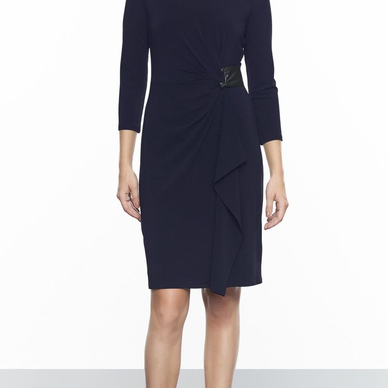 Rouched 3/4 Sleeve Dress With Leather Detail