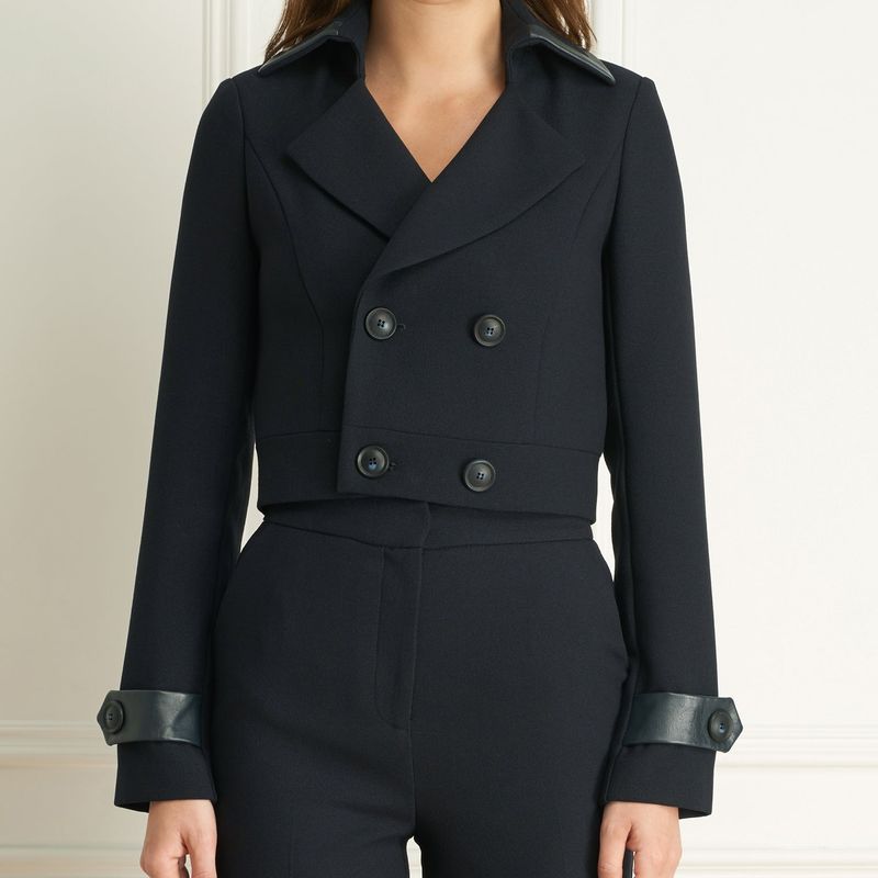 Basket Weave Double-Breast Veston Court Avec Cuir