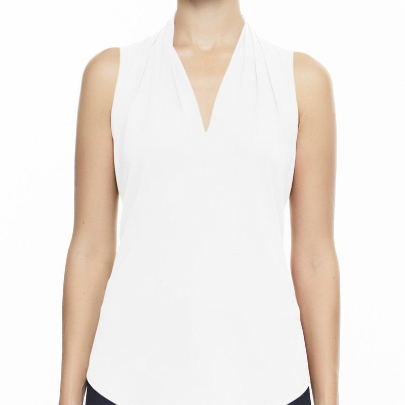 Sleeveless High Collar Pleated V Neck Top