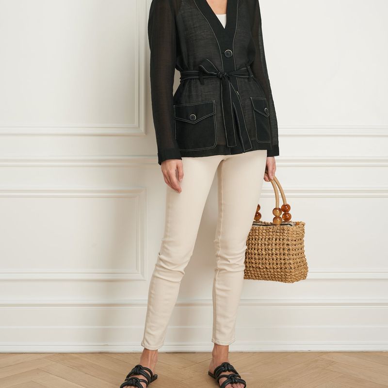 Collarless jacket wth sash belt