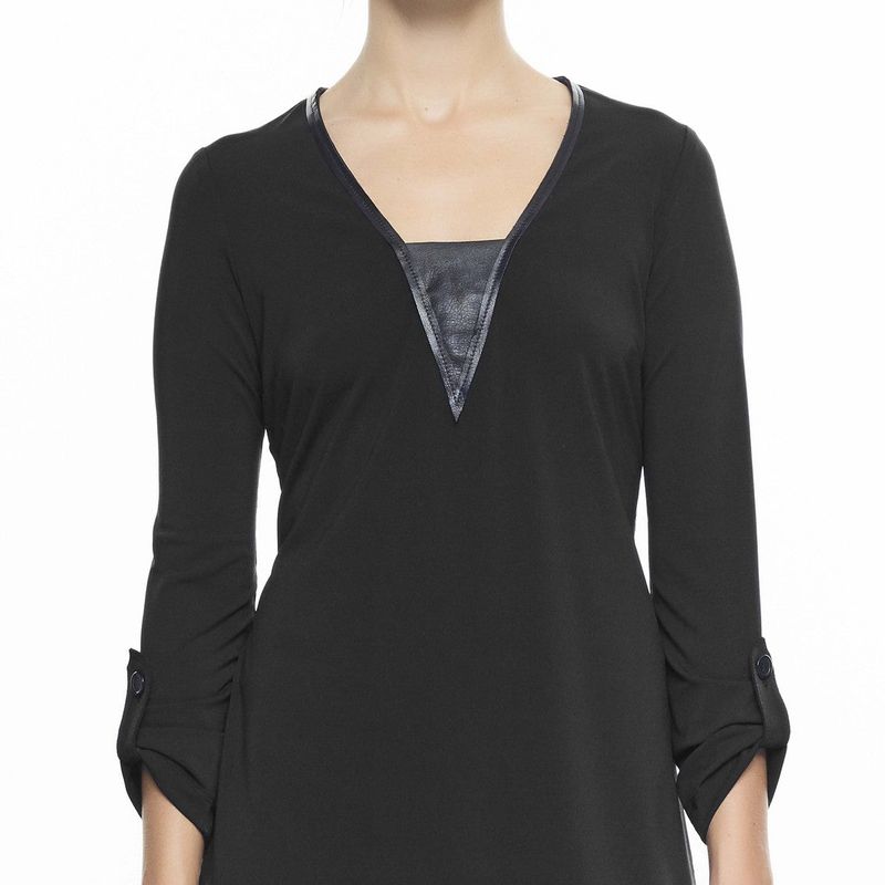 V-Neck Top With 3/4 Sleeve And Leather Detail