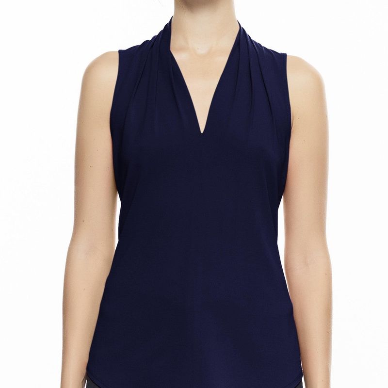 Sleeveless High Collar Pleated V Neck Top
