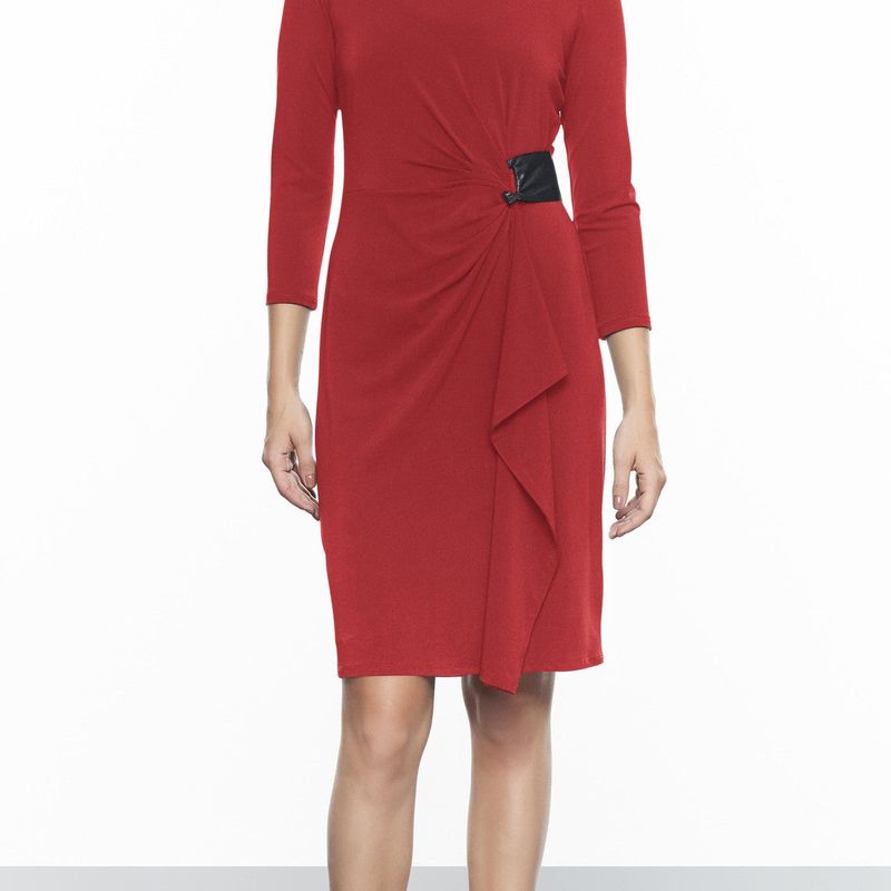 Rouched 3/4 Sleeve Dress With Leather Detail