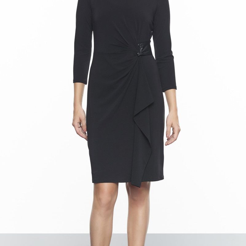 Rouched 3/4 Sleeve Dress With Leather Detail