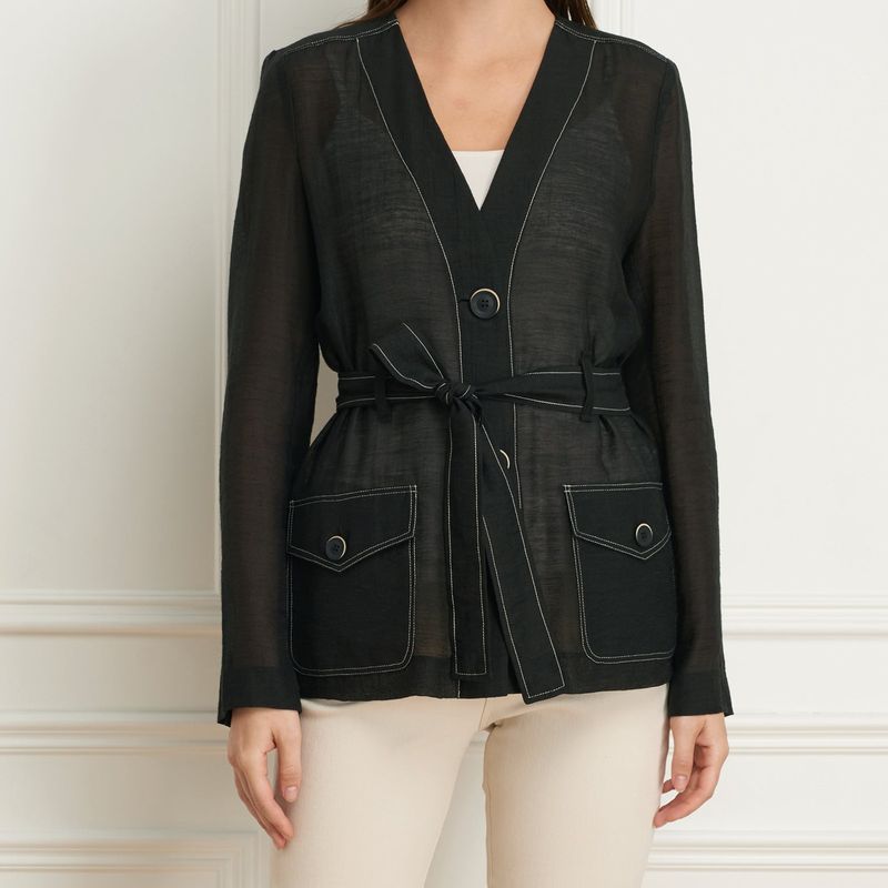 Collarless jacket wth sash belt