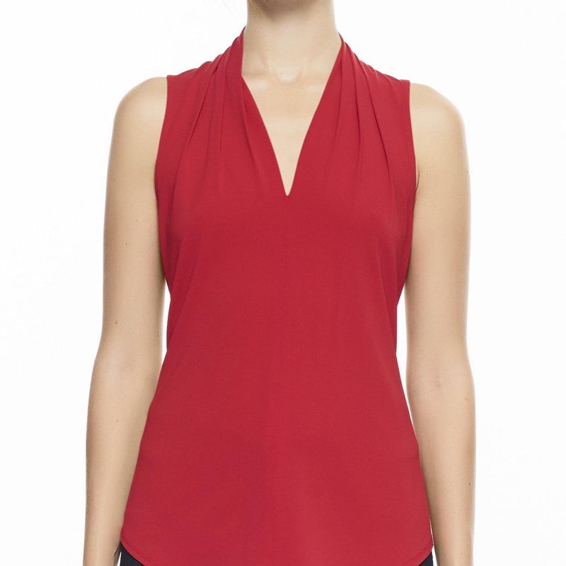 Sleeveless High Collar Pleated V Neck Top