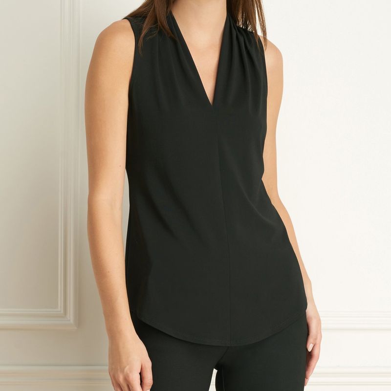 Matte jersey sleeveless pleated v-neck top