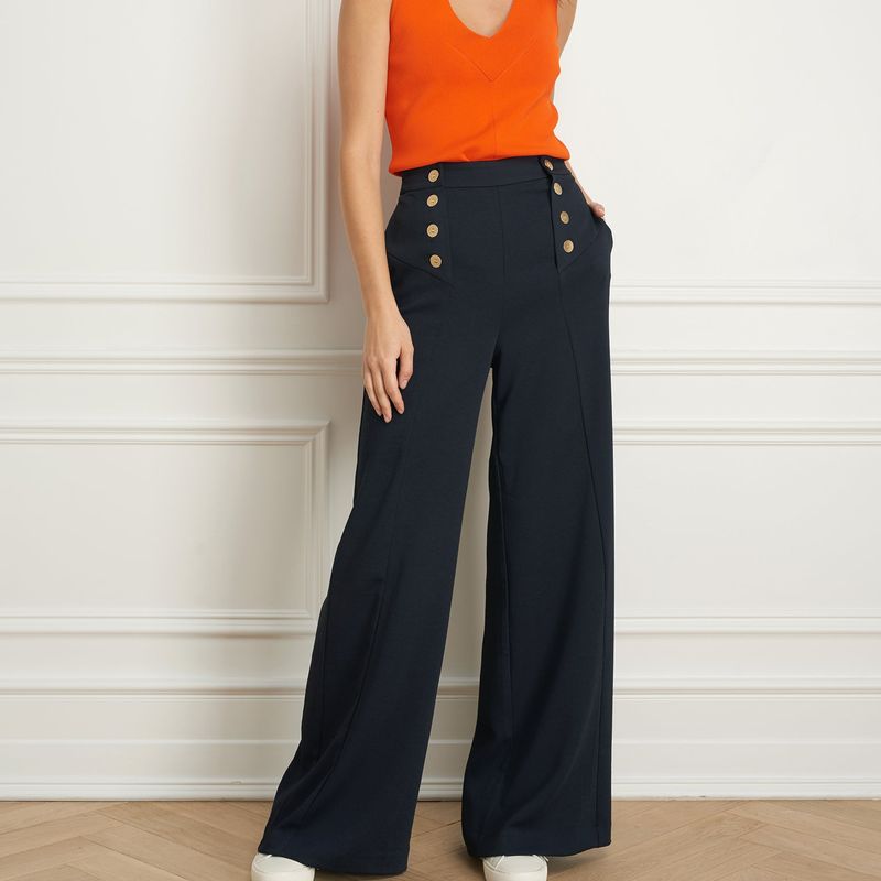 Wide leg pant with button detail
