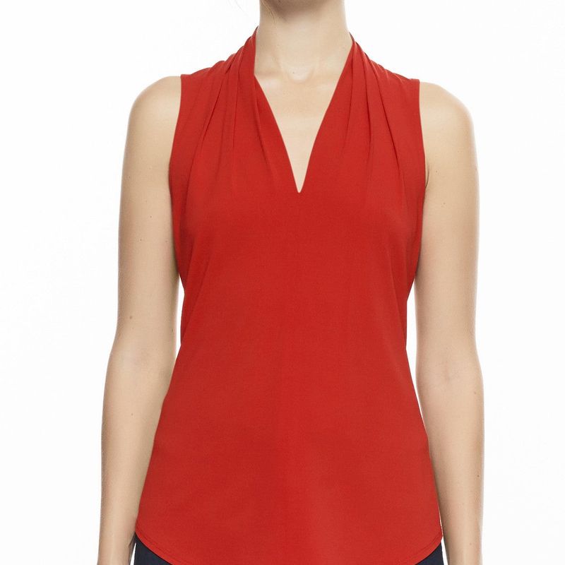 Sleeveless High Collar Pleated V Neck Top