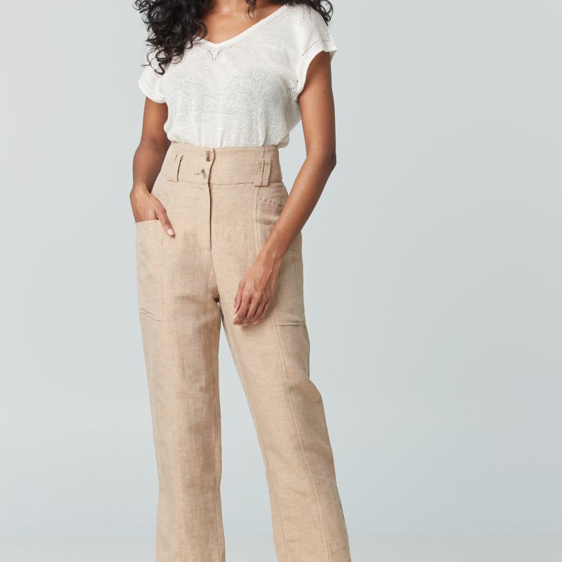 Pantalon taille haute froncée