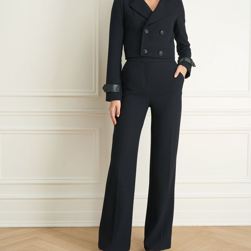 Basket Weave Double-Breast Veston Court Avec Cuir