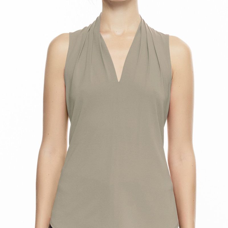 Sleeveless High Collar Pleated V Neck Top