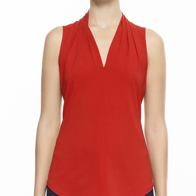 Sleeveless High Collar Pleated V Neck Top