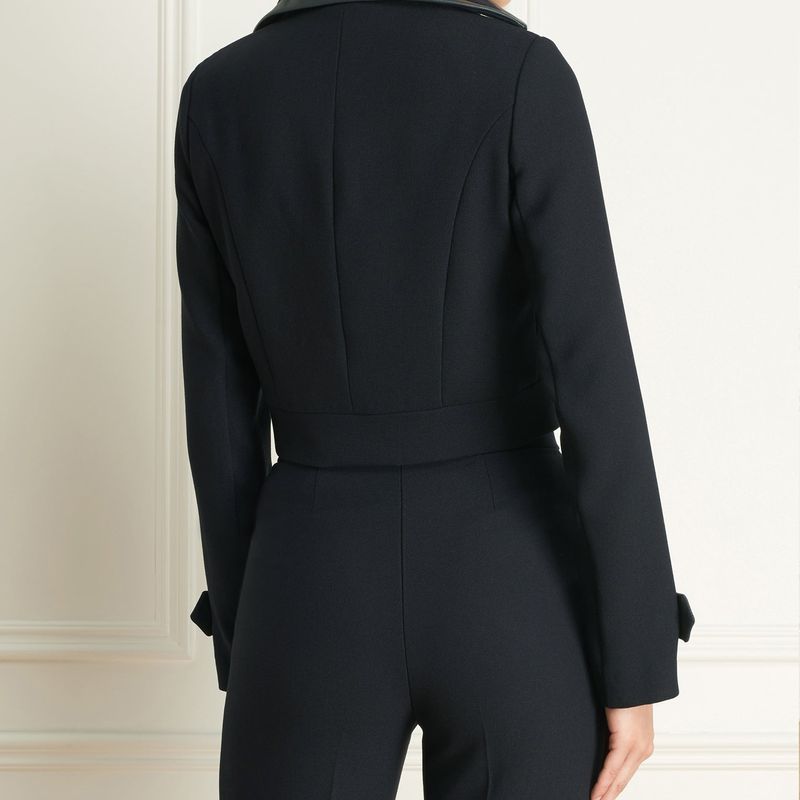 Basket Weave Double-Breast Veston Court Avec Cuir
