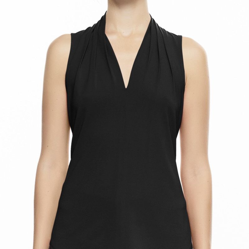 Sleeveless High Collar Pleated V Neck Top