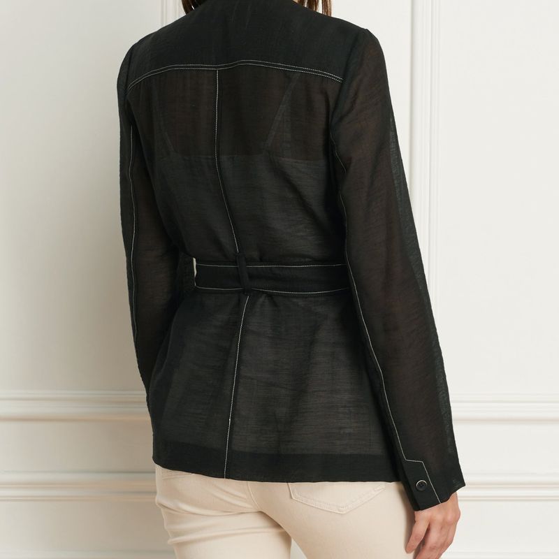 Collarless jacket wth sash belt