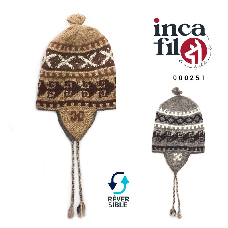 Bonnet péruvien (Chullo) unisexe, réversible, 2 bonnets, 2 designs 100% Alpaga - Tuque