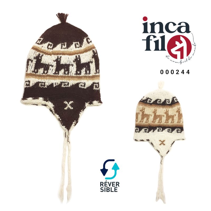 Bonnet péruvien (Chullo) unisexe, réversible, 2 bonnets, 2 designs 100% Alpaga - Tuque