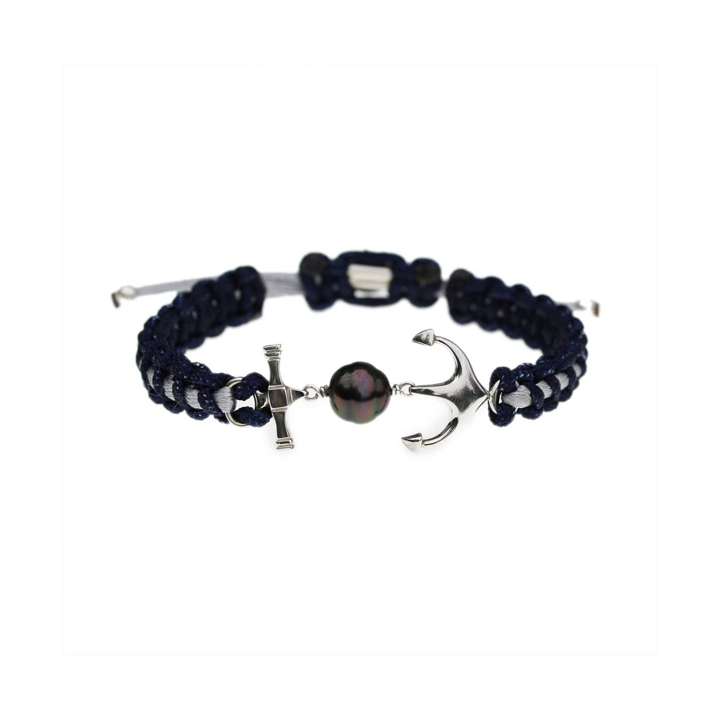 Bracelet Ancre marine macramé, argent sterling et perle de Tahiti