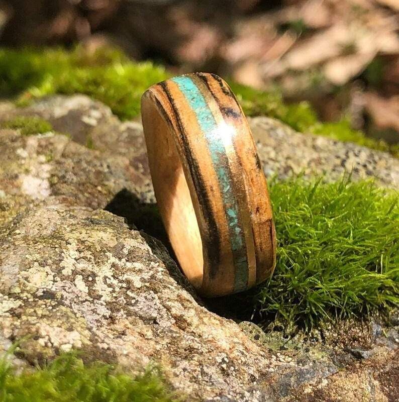 Bague en bois, turquoise et argent sterling, or 14K ou 18K personnalisée