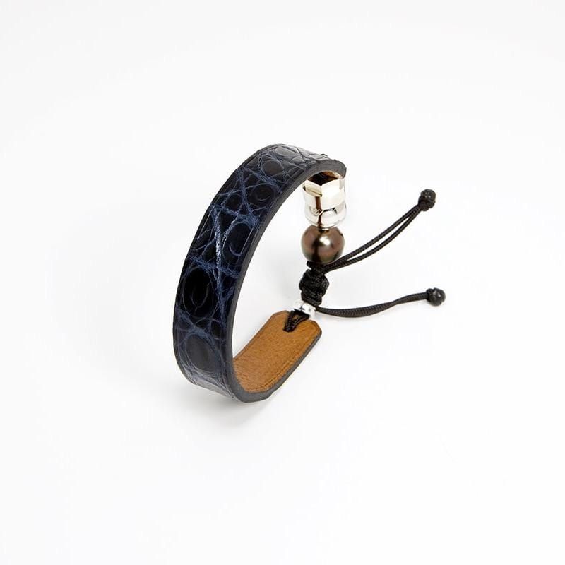 Bracelet en cuir de crocodile, perle de Tahiti  et argent sterling