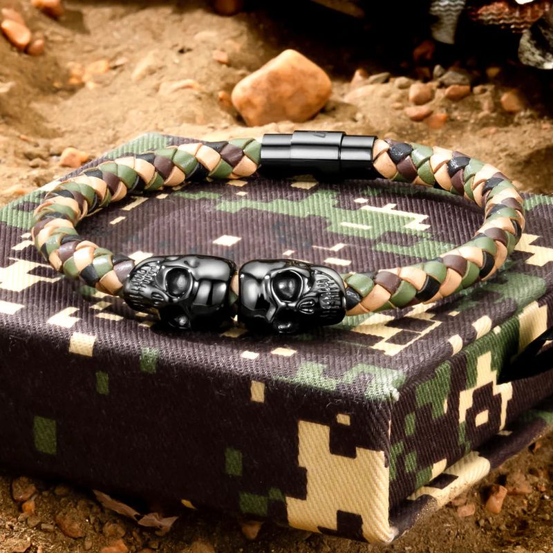 Bracelet Double tête de mort en cuir