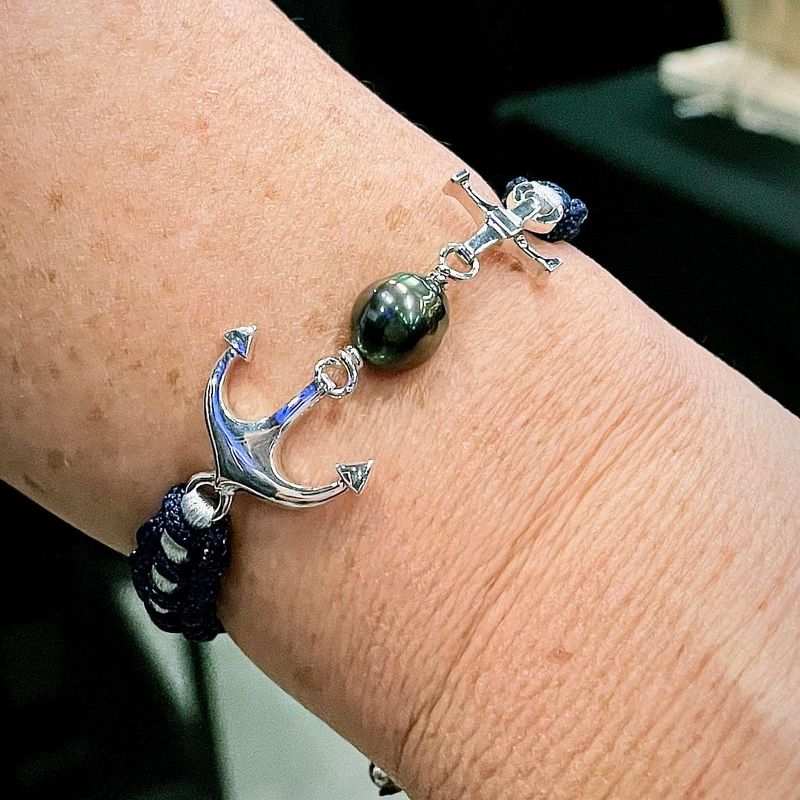 Bracelet Ancre marine macramé, argent sterling et perle de Tahiti