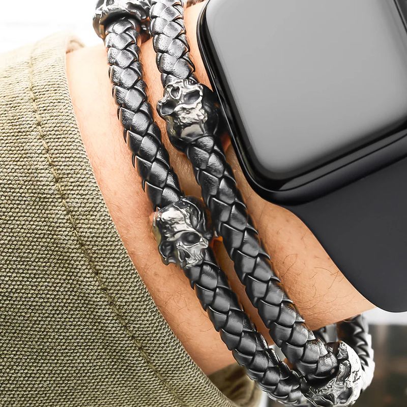 Bracelet Double tête de mort en cuir