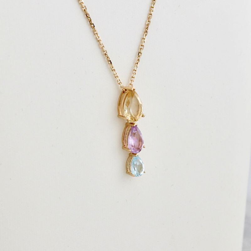 Collier en or 14K, citrine améthyste et topaze
