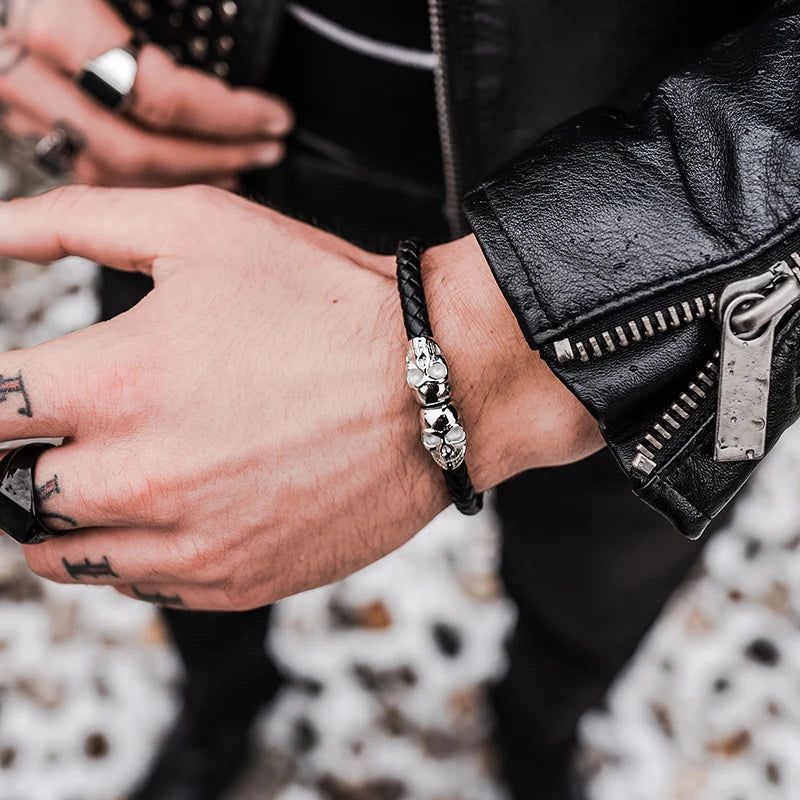 Bracelet Double tête de mort en cuir