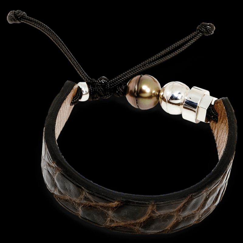 Bracelet en cuir de crocodile, perle de Tahiti  et argent sterling