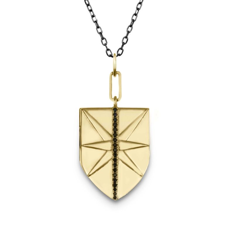 Collier Bouclier porte-photo en or 14K, argent sterling et saphirs