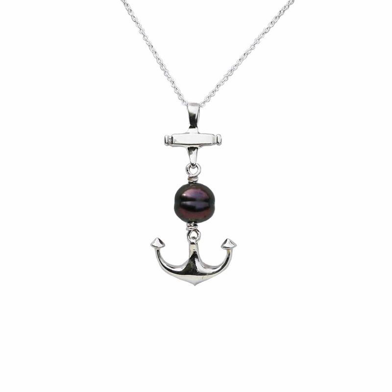 Collier ancre marine en argent sterling et perle de Tahiti 9mm