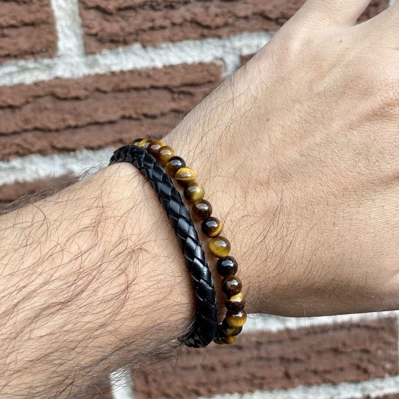Bracelet Stone en cuir, acier et oeil de tigre