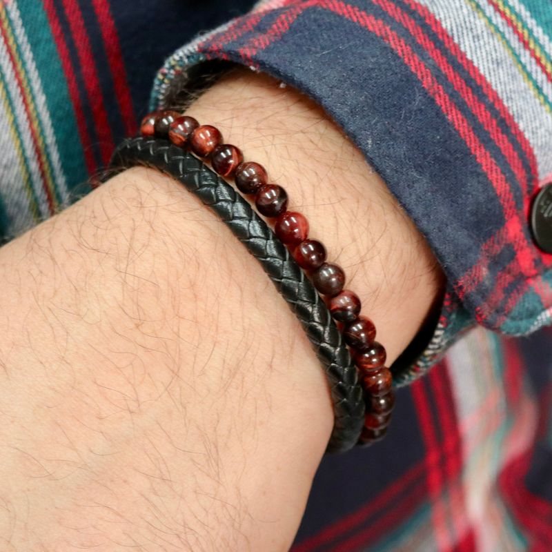 Bracelet Stone en cuir, acier et oeil de tigre rouge