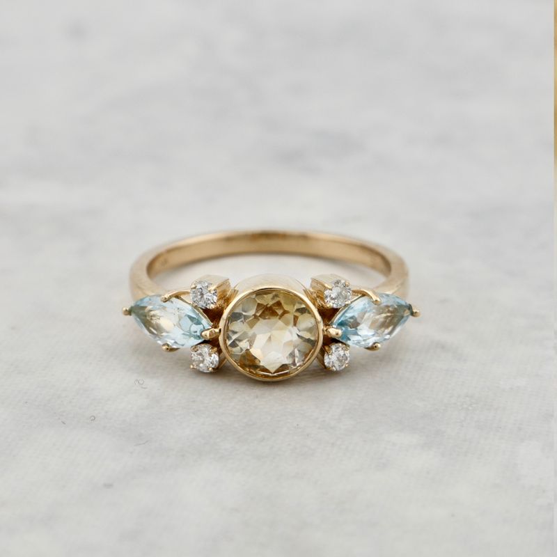 Bague en or 14K, diamants, topaze et citrine