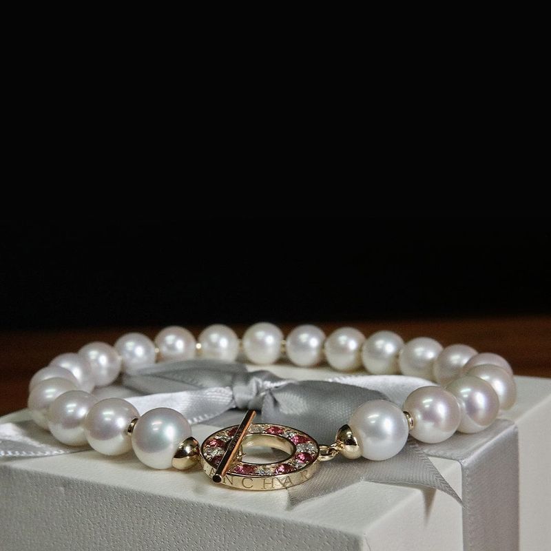 Bracelet de perles d'eau douce, or 14K serti de tourmalines et diamants