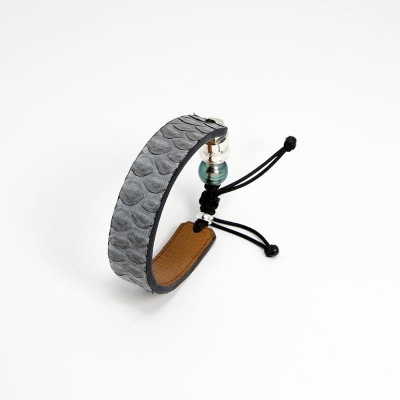 Bracelet en cuir de python, perle de Tahiti  et argent sterling