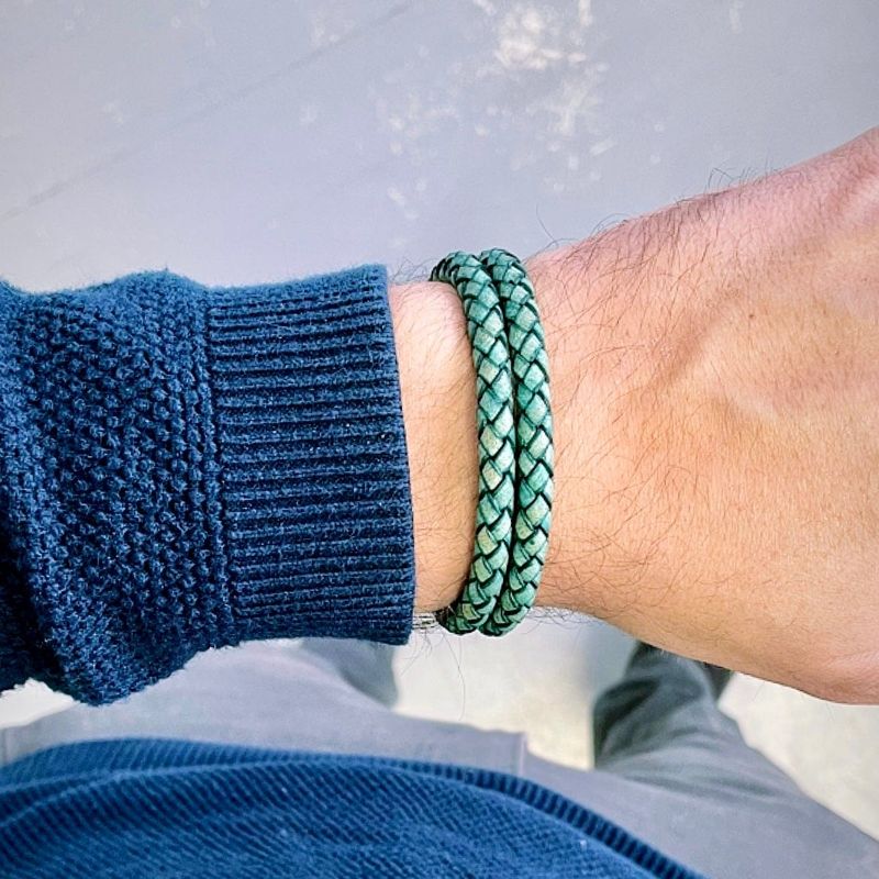 Bracelet La Force en cuir tressé double et acier