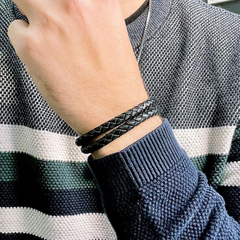 Bracelet La Force en cuir tressé double et acier