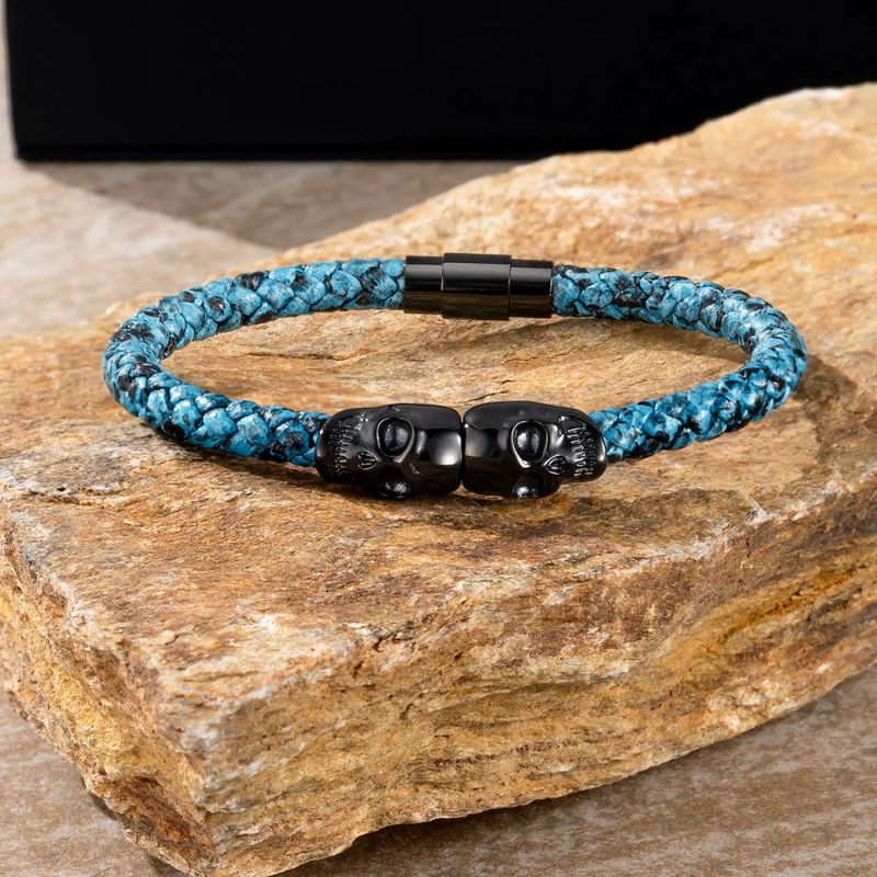 Bracelet Double tête de mort en cuir