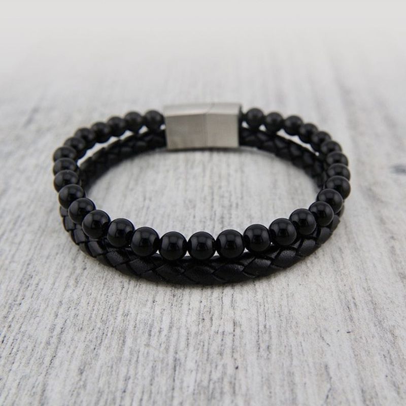 Bracelet Stone en cuir, acier et agate