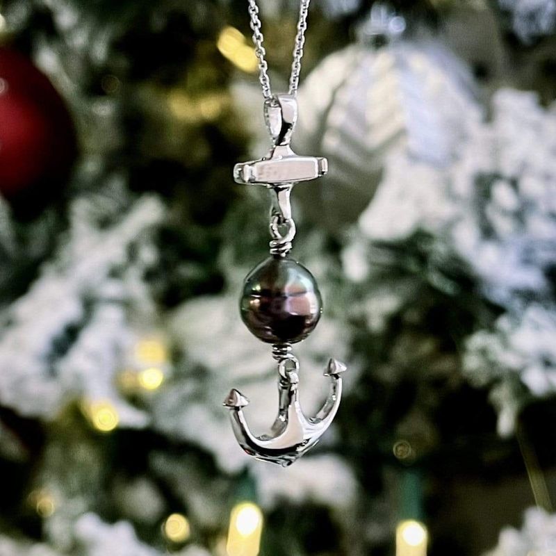 Collier ancre marine en argent sterling et perle de Tahiti 9mm