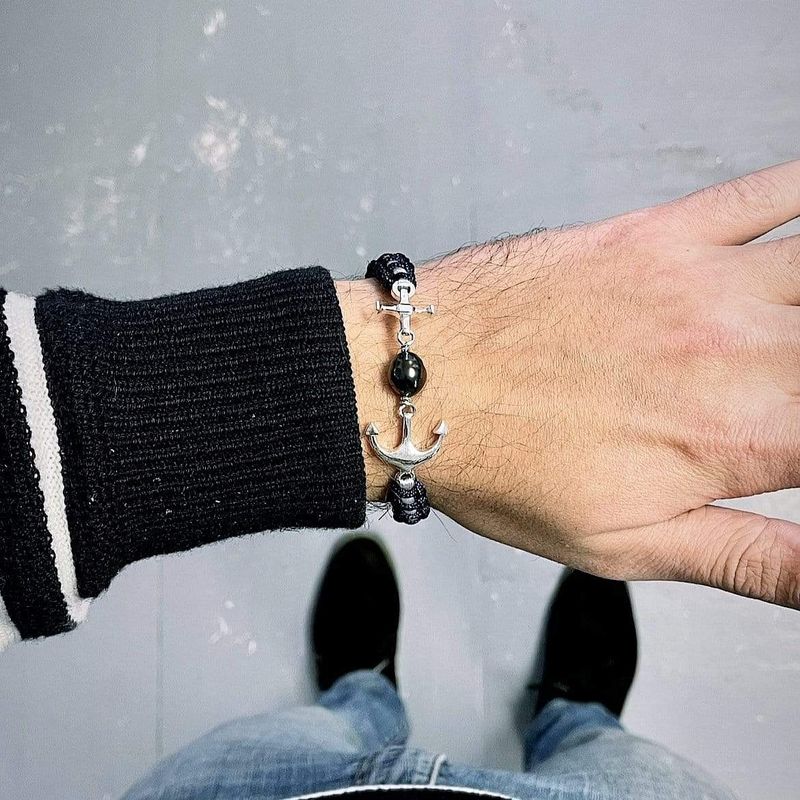 Bracelet Ancre marine macramé, argent sterling et perle de Tahiti