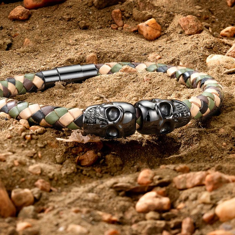 Bracelet Double tête de mort en cuir