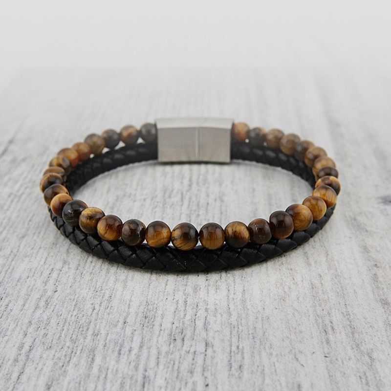 Bracelet Stone en cuir, acier et oeil de tigre