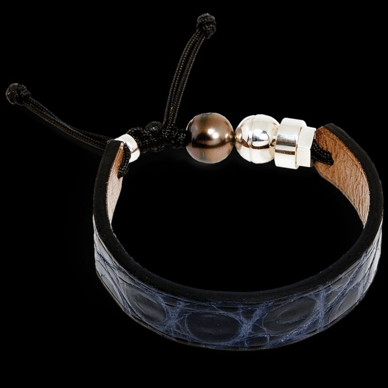 Bracelet en cuir de crocodile, perle de Tahiti  et argent sterling
